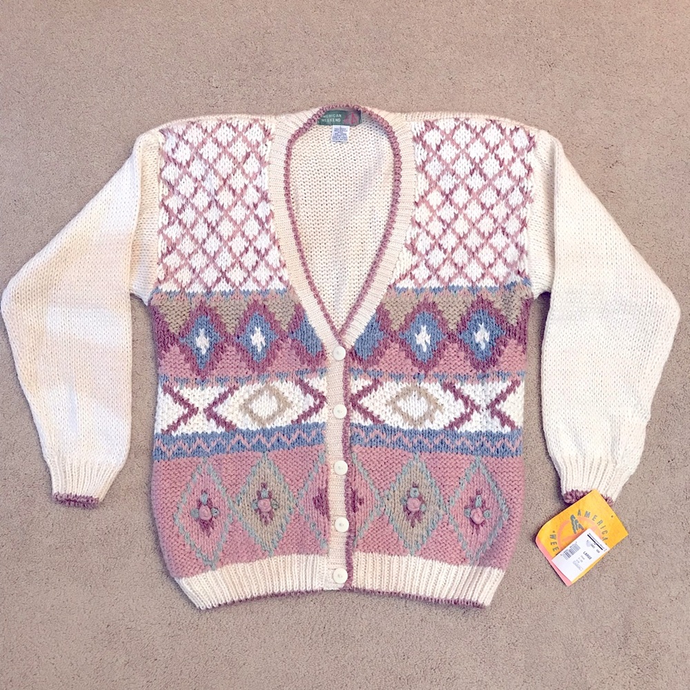 Vintage 80s Cardigan Sweater NEW Deadstock Size L Oversized Cream Pink FLAW